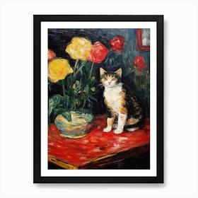 Still Life Of Ranunculus With A Cat 4 Art Print