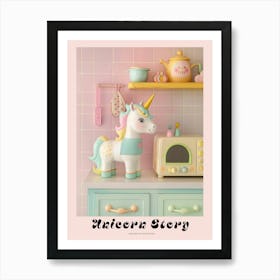 Toy Unicorn In A Pastel Kitchen Poster Art Print