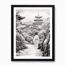 Tokyo In Japan, Ukiyo E Black And White Line Art Drawing 2 Art Print