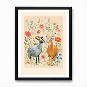 Folksy Floral Animal Drawing Goat 4 Poster Art Print