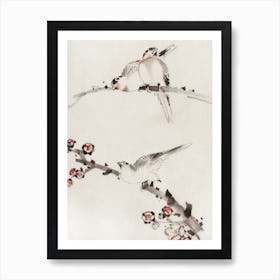 Three Birds Perched On Branches, One With Blossoms, Katsushika Hokusai Art Print