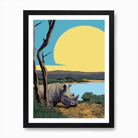 Rhino Relaxing In The Bushes Simple Illustration 5 Art Print