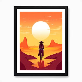 Cowgirl Riding A Horse In The Desert Orange Tones Illustration 12 Art Print