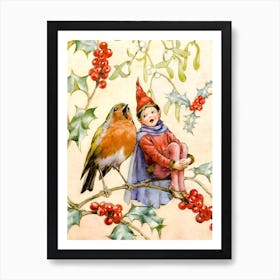 Remastered Image - Christmas Elf and Robin Duet - Woodland Creatures Victorian Christmas Card by Margaret Tarrant - Gallery Winter Decor Holly and Mistletoe Art Print