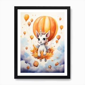 Unicorn Flying With Autumn Fall Pumpkins And Balloons Watercolour Nursery 1 Art Print
