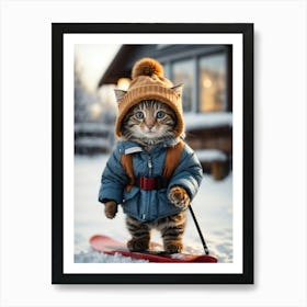 Cute Kitten On Skis Art Print