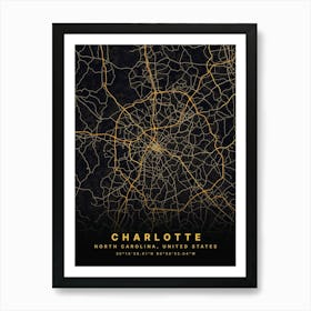 Charlotte North Carolina USA Black And Gold Map Art Print