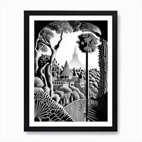 Park Güell, 1, Spain Linocut Black And White Vintage Art Print