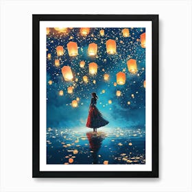 Woman In Dress Standing On Water Against Lanterns Floating In A Night Sky Art Print