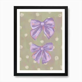 Two Purple Bows on a Sage Background. Gouache Painting Art Print