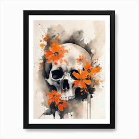 Abstract Skull Orange Flowers Painting (16) Art Print