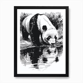 Giant Panda Drinking From A Tranquil Lake Ink Illustration 3 Art Print