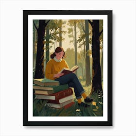 Girl Reading Book In The Forest Art Print