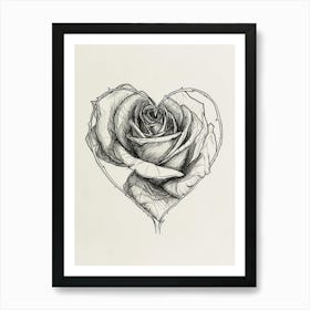 English Rose In A Heart Line Drawing 3 Art Print