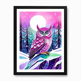 Pink Owl Snowy Landscape Painting (57) Art Print