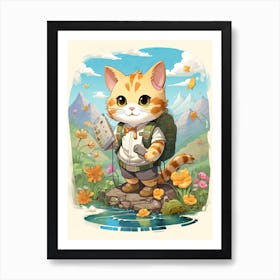 Kawaii Cat Drawings Hiking 1 Art Print