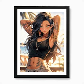 Enchanting manga magic at the beach: this anime girl is a captivating mix of cute and breathtakingly sexy tattoos. Art Print