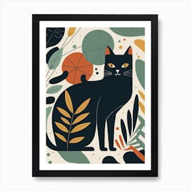 Black Cat With Leaves Art Print