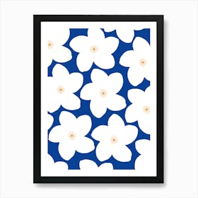 Retro Flowers White On Blue Floral Art Print