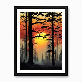 Sunset In The Forest 10,   Forest bathed in the warm glow of the setting sun, forest sunset illustration, forest at sunset, sunset forest vector art, sunset, forest painting,dark forest, landscape painting, nature vector art, Forest Sunset art, trees, pines, spruces, and firs, orange and black.  Art Print
