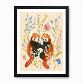 Folksy Floral Animal Drawing Red Panda Art Print