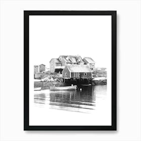 Peggy's Cove Nova Scotia Canada Black And White Minimalist Boho Art Print of a Serene Maritime Scenery in a Fishing Town on the coast of the ocean Art Print