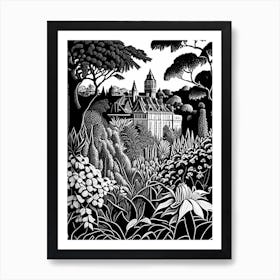 Powis Castle Gardens, 1, United Kingdom Linocut Black And White Vintage Art Print