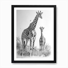 Giraffe & Calf Pencil Portrait  3 Art Print