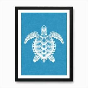 Vintage Sea Turtle Silhouette On Ocean Blue Linen Texture Art Print