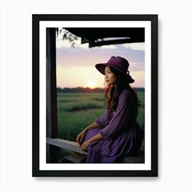 A Youthful Asian Woman Skillfully Encapsulated In Her Journeys Adventure Perched On A Weathered Wo (1) 2 Art Print