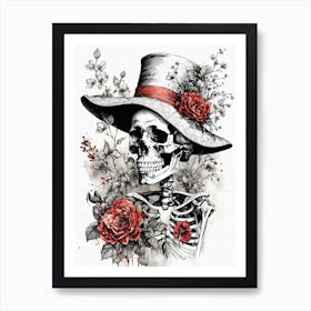 Floral Skeleton With Hat Ink Painting (11) Art Print