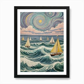 Whimsical Sailboats In The Ocean Affiche