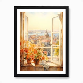 Window View Of Istanbul Turkey In Autumn Fall, Watercolour 2 Art Print