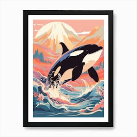 Orca Whale At Sunrise Orange Pastel Art Print