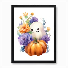 Cute Ghost With Pumpkins Halloween Watercolour 3 Art Print