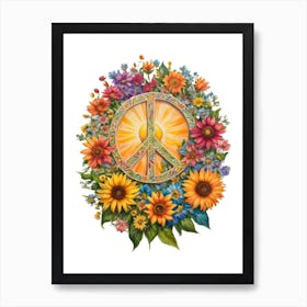 Flowers Sun Peace Sign - By Free Spirits and Hippies Official Wall Decor Artwork Hippy Bohemian Meditation Room Typography Minimalist Wording Groovy Trippy Psychedelic Boho Yoga Chick Gift For Her Art Print