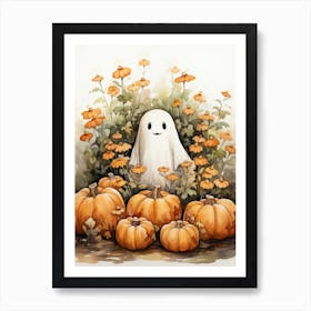 Cute Bedsheet Ghost, Botanical Halloween Watercolour 28 Art Print