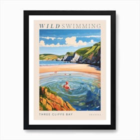 Wild Swimming At Three Cliffs Bay Swansea 1 Poster Art Print