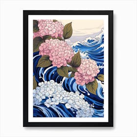 Great Wave With Hydrangea Flower Drawing In The Style Of Ukiyo E 3 Art Print