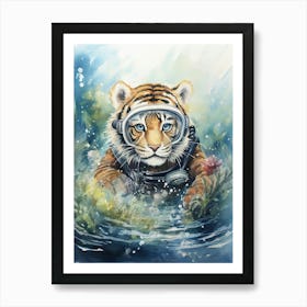 Tiger Illustration Scuba Diving Watercolour 3 Art Print