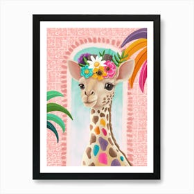 Giraffe With Flowers Floral Tropical Illustration Art Print