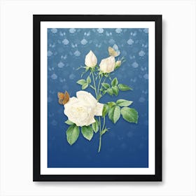 Vintage White Bengal Rose Botanical on Bahama Blue Pattern n.1815 Art Print