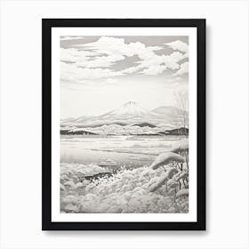 Lake Toya In Hokkaido, Ukiyo E Black And White Line Art Drawing 1 Art Print
