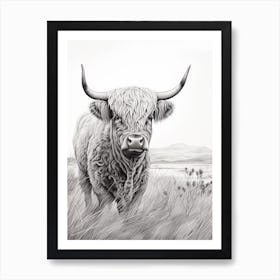 Black & White Illustration Of Highland Cow With Long Grass Art Print