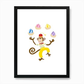 Monkey Juggling Ice Gems, Fun Circus Animal, Cake, Biscuit, Sweet Treat Print, Portrait Art Print