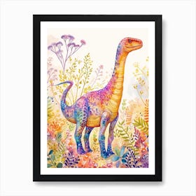 Pastel Rainbow Diplodocus Dinosaur In The Plants Art Print