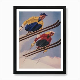 Two Skiers In The Air Vintage Ski Poster Art Print