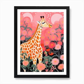Giraffe In The Flowers Pink Tones 1 Art Print