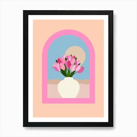 Tulips In A Vase - Blue Pink Orange Floral Art Print