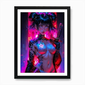 Sexy anime girl with a katana, embodying a samurai spirit. Japanese manga style with neon vibes. Cute and beautiful ninja girl with tattoos, boobs, and an erotic allure. Art Print